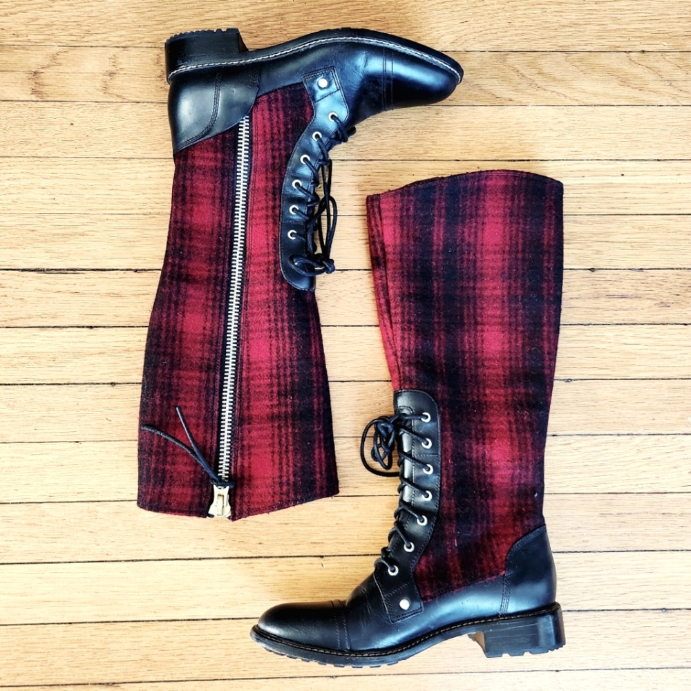 Woolrich Red & Black Buffalo Check Plaid Knee High Leather Riding Boots